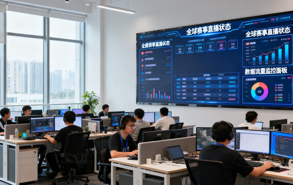 蓝鲸直播广州总部办公室实景，开放式工位区域坐满技术人员，墙面大屏幕实时显示全球赛事直播状态和数据流量监控面板